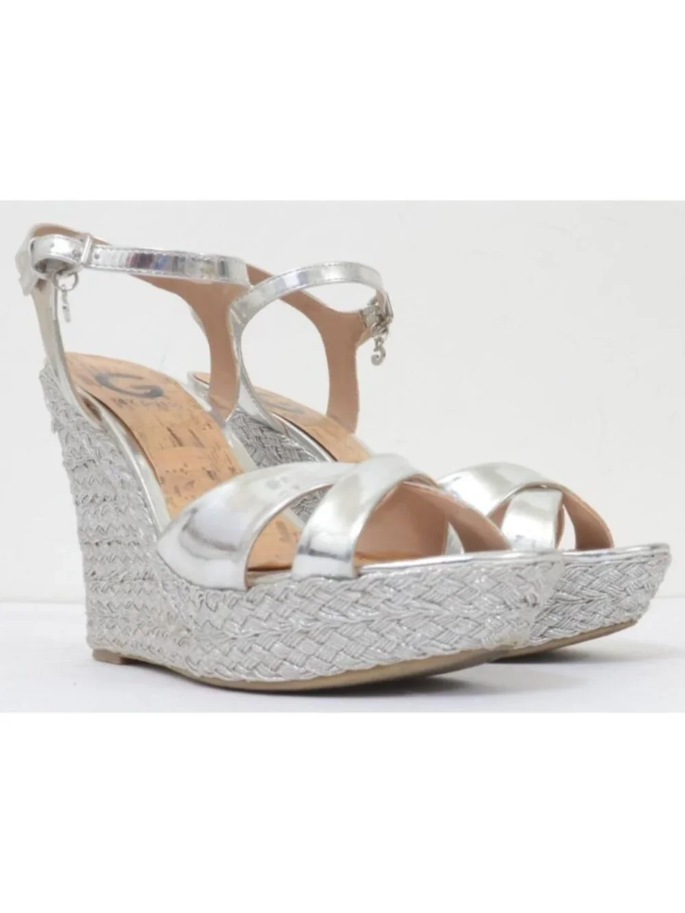 G By Guess Debbra2 Women's 8 Metallic Shiny Silver Platform Wedge Sandal Heels